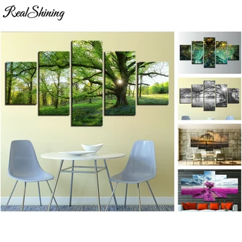

5d full square round drill diamond painting 5Pcs/set Sunrise Beautiful Tree Lienzo de Arbol mosaic diy diamond embroidery FS5093