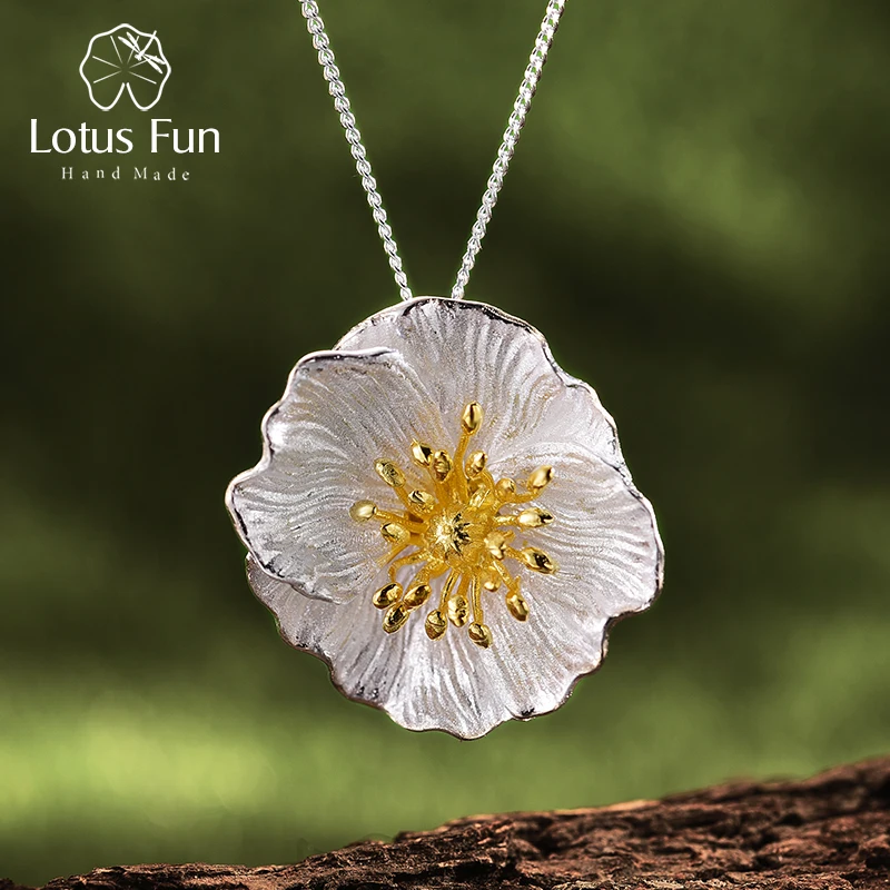 

Lotus Fun Real 925 Sterling Silver Handmade Fine Jewelry Blooming Poppies Flower Pendant without Necklace for Women