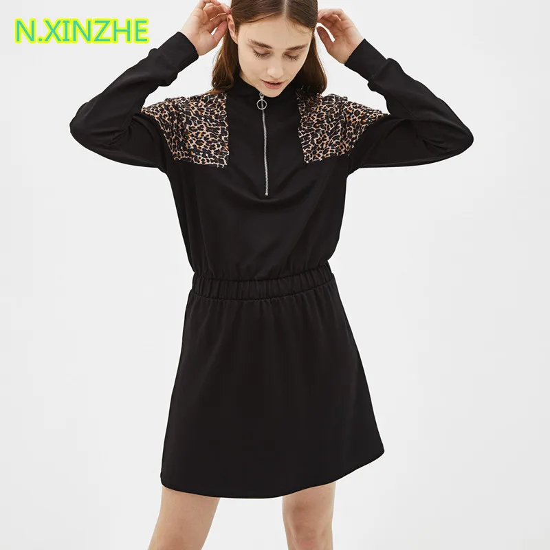 

2019 women clothing long sleeve zipper leopard print spliced knitted dress Female casual fashion slim mini A-Line dresses S4786