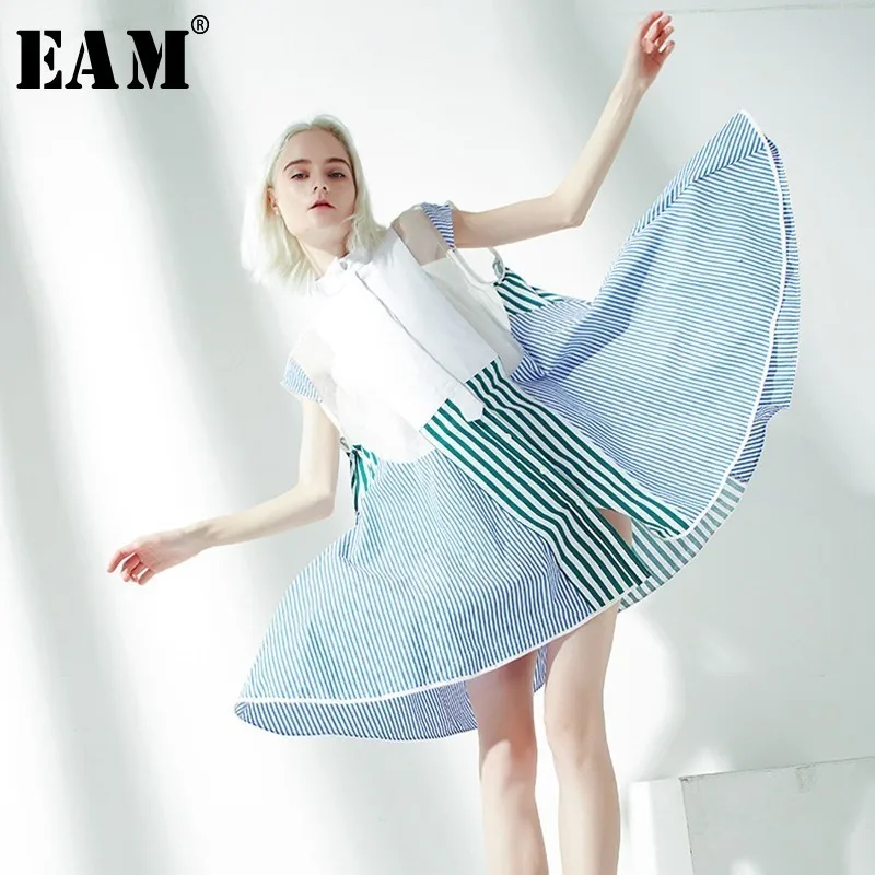 

[EAM] 2019 New Spring Summer Stand Collar Sleevees Blue Striped Split Joint Organza Big Size Shirt Dress Women Fashion JS518