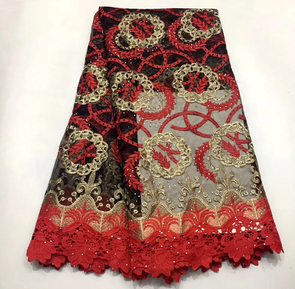

2019 Black red Nigerian African gold Embroidered Lace Fabric High Quality French Tulle Lace Fabric For Wedding Party dress