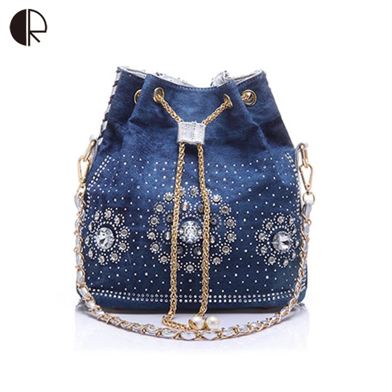 Bolso de tela vaquera con diamantes de imitación para mujer, bolsa de hombro con asa cadena, de playa, de verano, hecho a mano|bags with|bags with chain handlesbucket bag AliExpress
