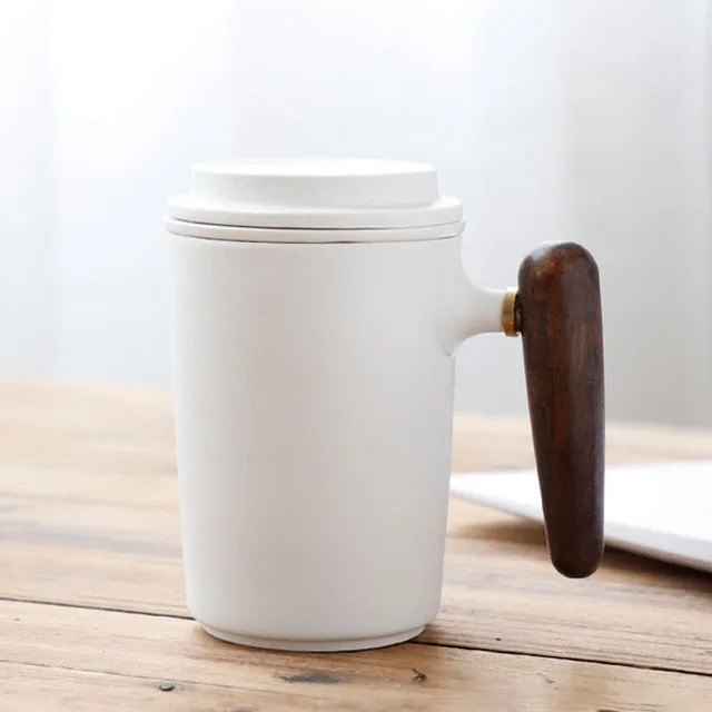 YeFine 350 мл чайная кружка с заваркой креативная грубая керамическая кофейная кружка с крышкой и фильтром модные чайные чашки с деревянной ручкой - Цвет: White