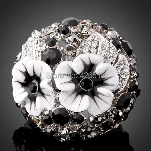 

Black Enamel Flower Rings Fashion Real White Silver Gold Color Ring Micro Pave Genuine Austrian Crystal