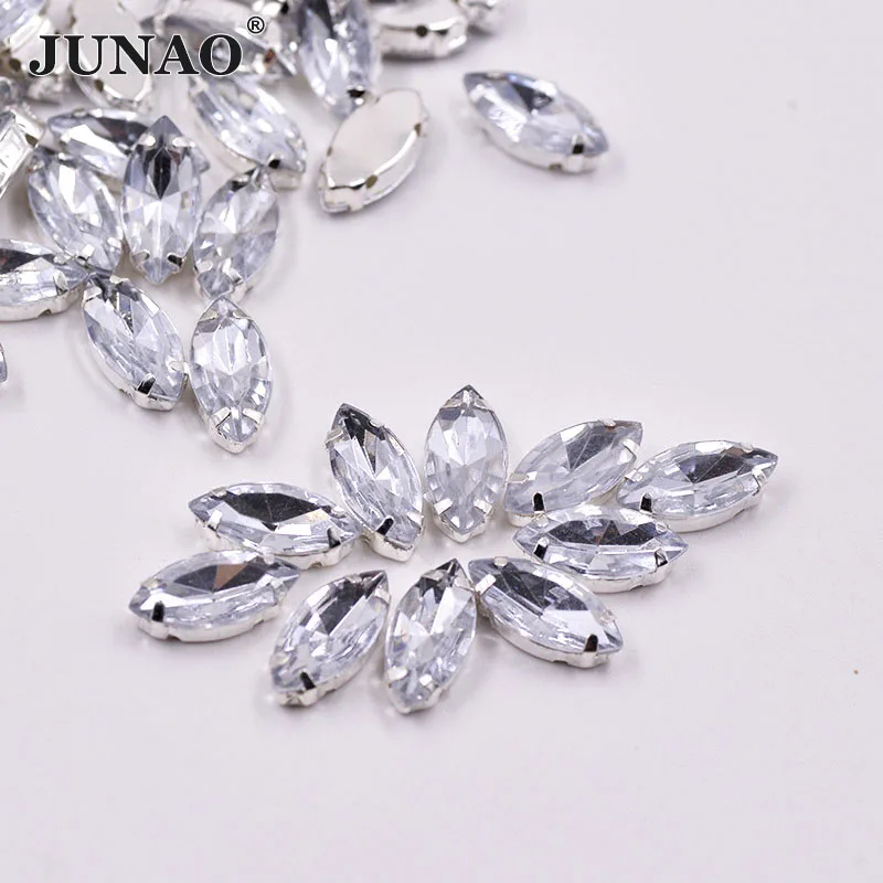 

JUNAO 7x15mm 5x10mm Clear White Crystal Sew On Horse Eye Rhinestones Acrylic Gems Flatback Crystal Applique for Clothes Crafts