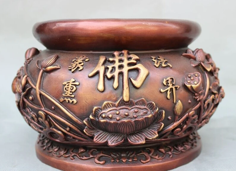 

9" Tibet Pure Bronze Buddhism Auspicious Lotus Statue Jar Incense Burner Censer