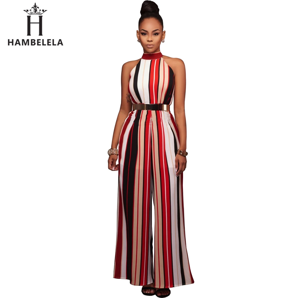 Hambelela Factory S-XXL Women Turtleneck Striped Loose Women Jumpsuit Sleeveless Top Long Wide Leg Pants Ladies Maxi Romper (2)