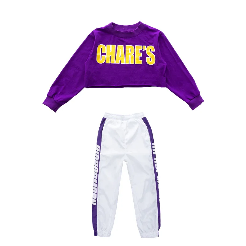 Kid Cool Hip Hop Clothing Sweatshirt Crop Top Long Sleeve T Shirt Tee White Jogger Streetwear Pants for Girls Jazz Dance Clothes