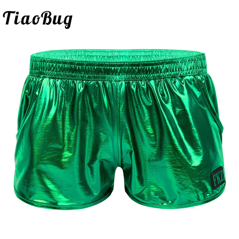 

TiaoBug Shiny Metallic Low Rise Elastic Waistband Men Pole Dance Shorts Nightclub Festival Rave Party Stage Performance Costume