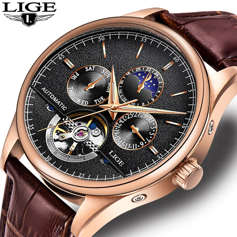 LIGE Brand Men Watches Automatic Mechanical Watch Tourbillon Sport Clock Leather Casual Business Retro Wristwatch Relojes Hombre