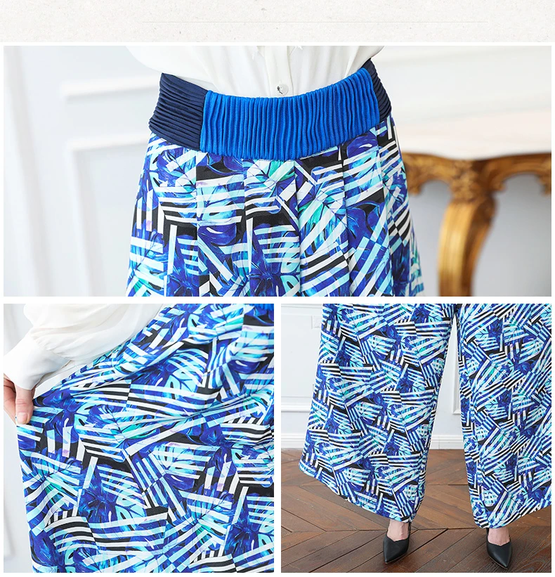 VOA тяжелый шелк Широкие штаны Повседневное длинные брюки для женщин; Большие размеры свободные 5XL абстрактным принтом Boho синие летние