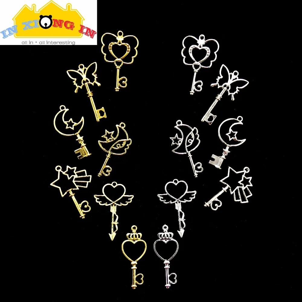 

7pcs Silver Moon Star Magic Wand DIY UV Resin Open Bezel Pendant Setting Craft Hollow Heart Key Charms Jewelry Accessories