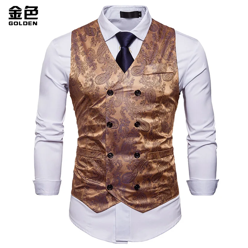 Men Double Breasted Dress Vests Chaleco Sleeveless Gilet Slim Printed  Sleeveless Waistcoat Men Suit Hombre For Party Wedding