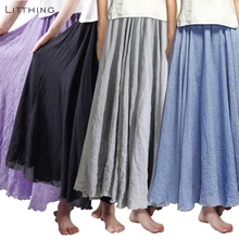 LITTHING, Длинная женская юбка с высокой талией, однотонная, плиссированная, этническая юбка, полная/до щиколотки, плиссированная, Ретро стиль, макси, лен