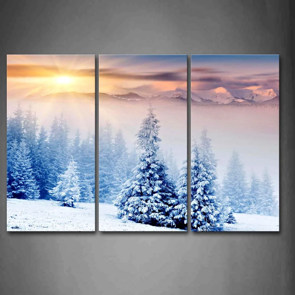 

Framed Wall Art Picture Tree Snow Sunlight Winter Canvas Print Landscape Modern Poster With Wooden Frame For Living Room