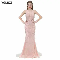 Элитное вечернее платье 2019 платье годе с лямкой на шее бусы Кристалл блестками Длинные наряд для выпускного Сексуальная спинки розовый