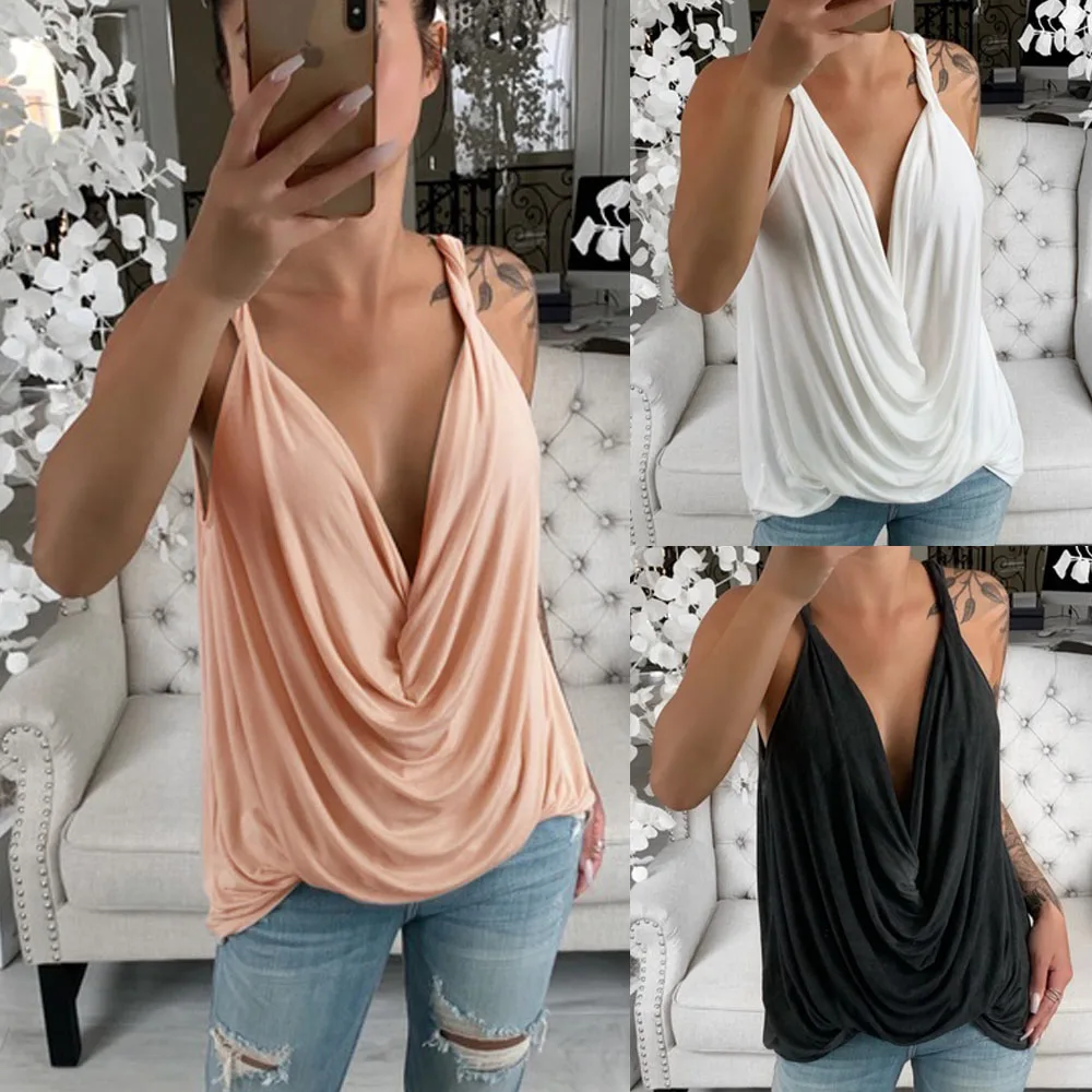 

2019 Hot Sale Summer Women Vest Tops Sexy Low Cut Ruched Halter Tops and Blouse Spaghetti Strap Off Shoulder Cami Tank Top