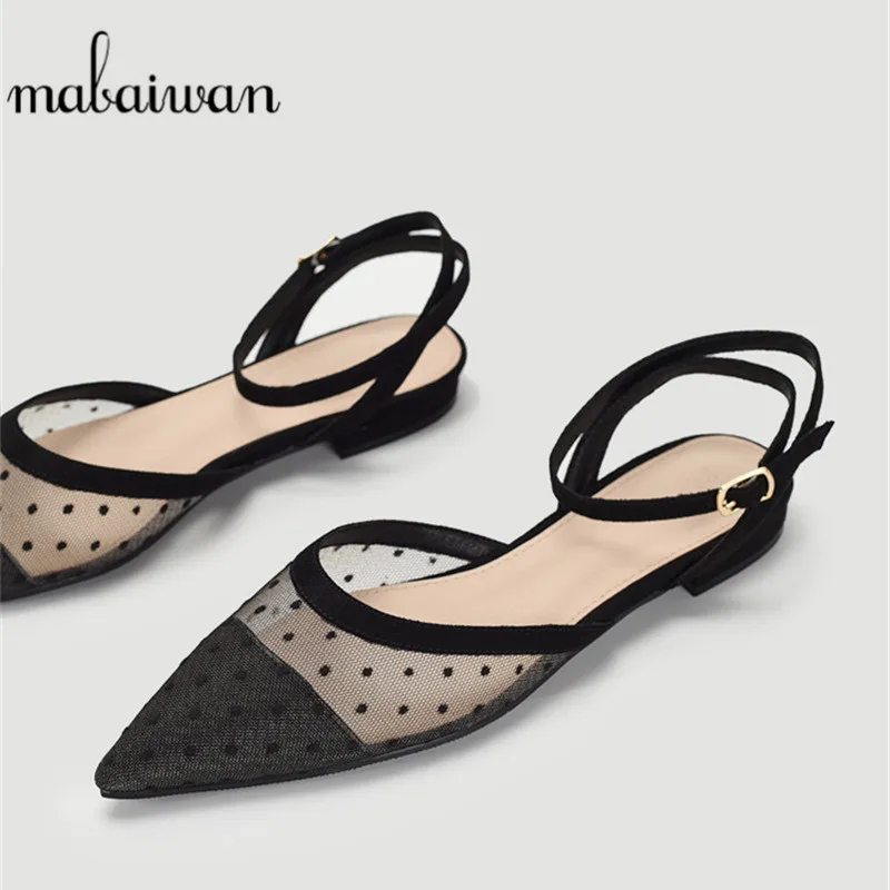 

Mabaiwan New 2019 Spring Summer Wedding Dress Shoes Women Black Mesh Stitching Dot Flat Sandals Female Pointed Toe Casual Shoes