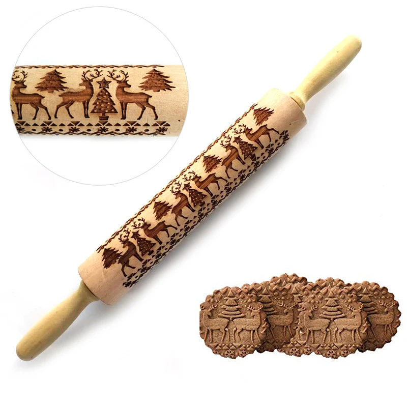 

Wooden Christmas Embossing Rolling Pin 3D Non Stick Tree Elk Snowflake Carved Cookie Rolling Pin Bakeware kitchen Appliances