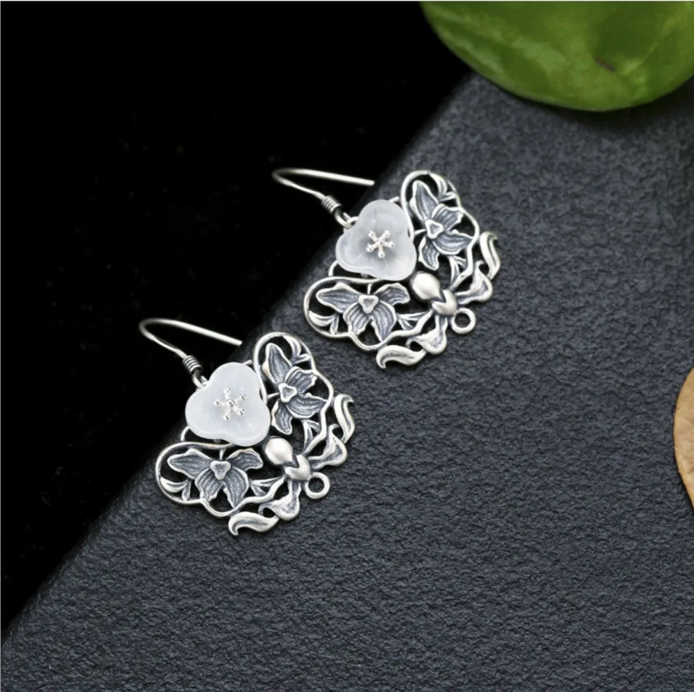 S925 Стерлинговое Серебро Hetian Jade серьги леди летучая мышь с натуральными цветами