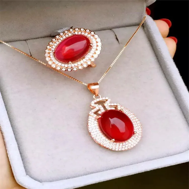 

KJJEAXCMY boutique jewels 925 Pure silver inlay natural red jade medulla ring + pendant set inlay diamond shaped 18k gold goddes