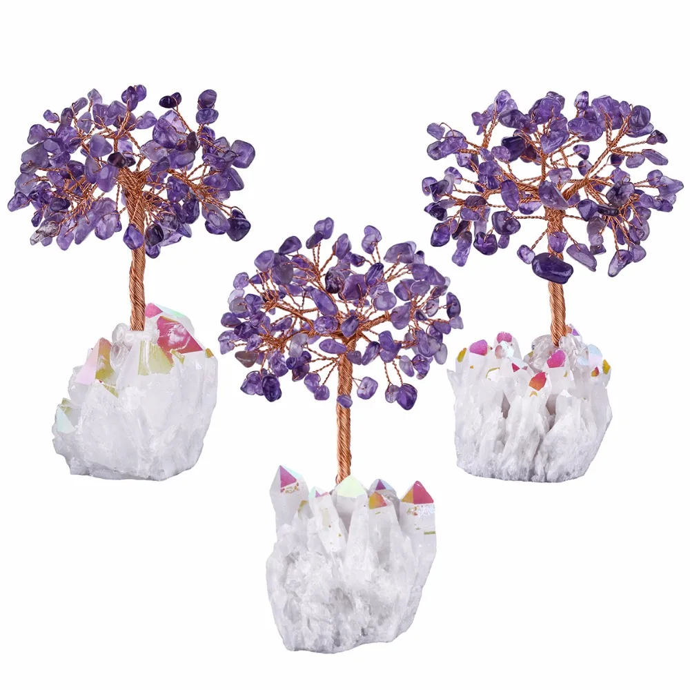 TUMBEELLUWA 4''Natural Rock Quartz Money Tree, аура с титановым покрытием кристалл кластера база бонсай Скульптура фигурка для фэн шуй