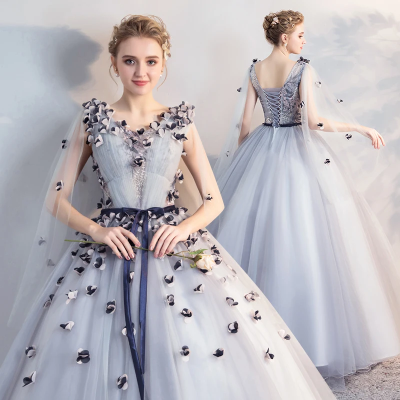 Женское платье SSYFashion серое кружевное в пол с цветами|Платья на выпускной| |