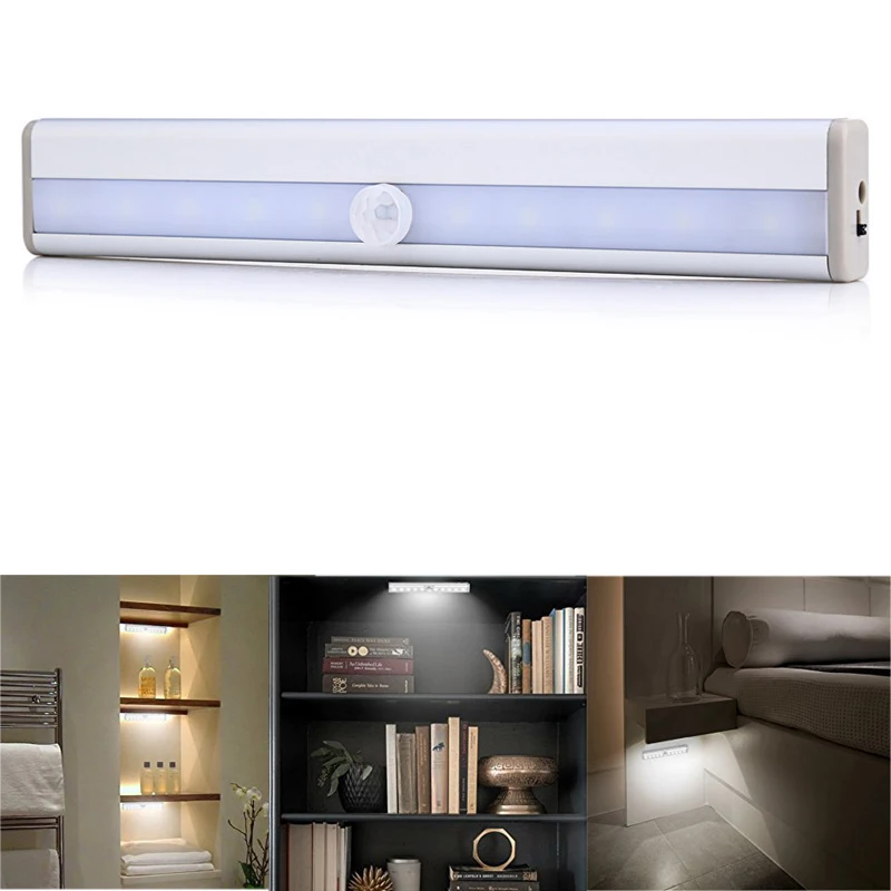 Светодиодный светильник для шкафа с датчиком движения PIR, настенный светильник для шкафа с батареей, жесткая полоса, барный светильник с датчиком движения, датчик аварийного освещения