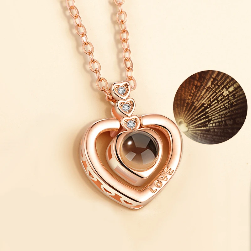 

Heart Charm 100 Language i Love You Projection Necklace Women Memory Jewelry Stainless Steel Chain Valentine Day Gift 2019