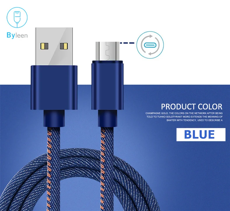 

BYLEEN Denim Wire USB C Fast Charging Type C Cable for NOKIA X6 Oneplus Xiaomi mi8 se mi 6x LG V20 G6 V30 Q6 G5 Nubia red magic