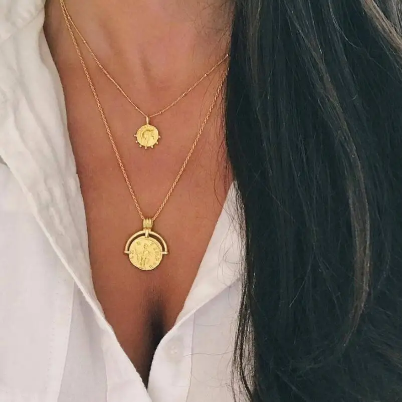 Длинная цепочка из стерлингового серебра 925 пробы, золотое ожерелье с круглой буквой, женское минималистичное ожерелье с диском для монет, многослойное ожерелье, подарок s