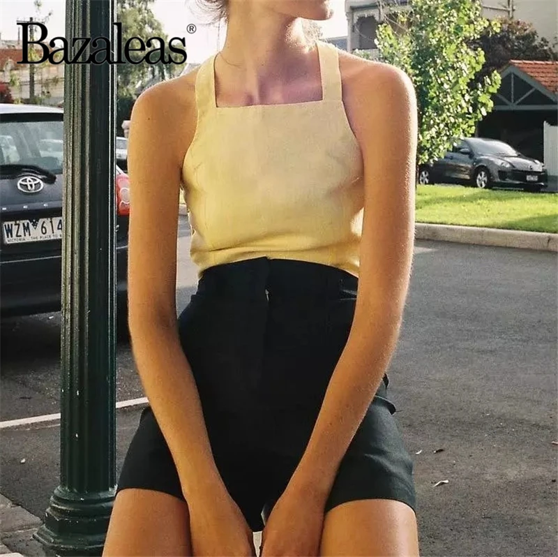 

Bazaleas Chic Side Buttons Fashion women Cropped Vintage Backless Cross women Camisole Cotton Crop Tops Casual drop shippin