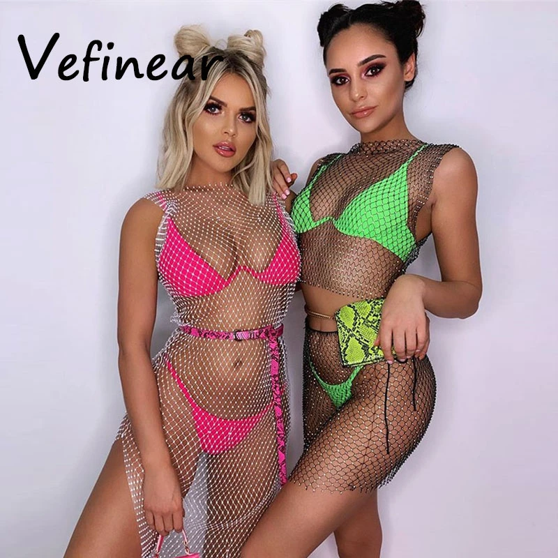 

Summer Shiny Grid Two Piece Dresses Mini Women Sexy Mesh Hollow Out Rhinestone 2 Piece Party Lady Dresses