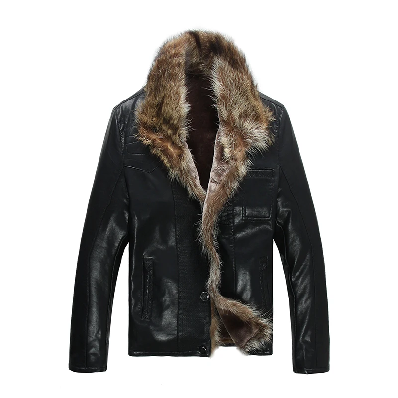 

Men High Quality Free Shiping Hot Sale Fashion Men's Coats Imitation Leather Jacket Short Raccoon Fur Collar Leather Jackets