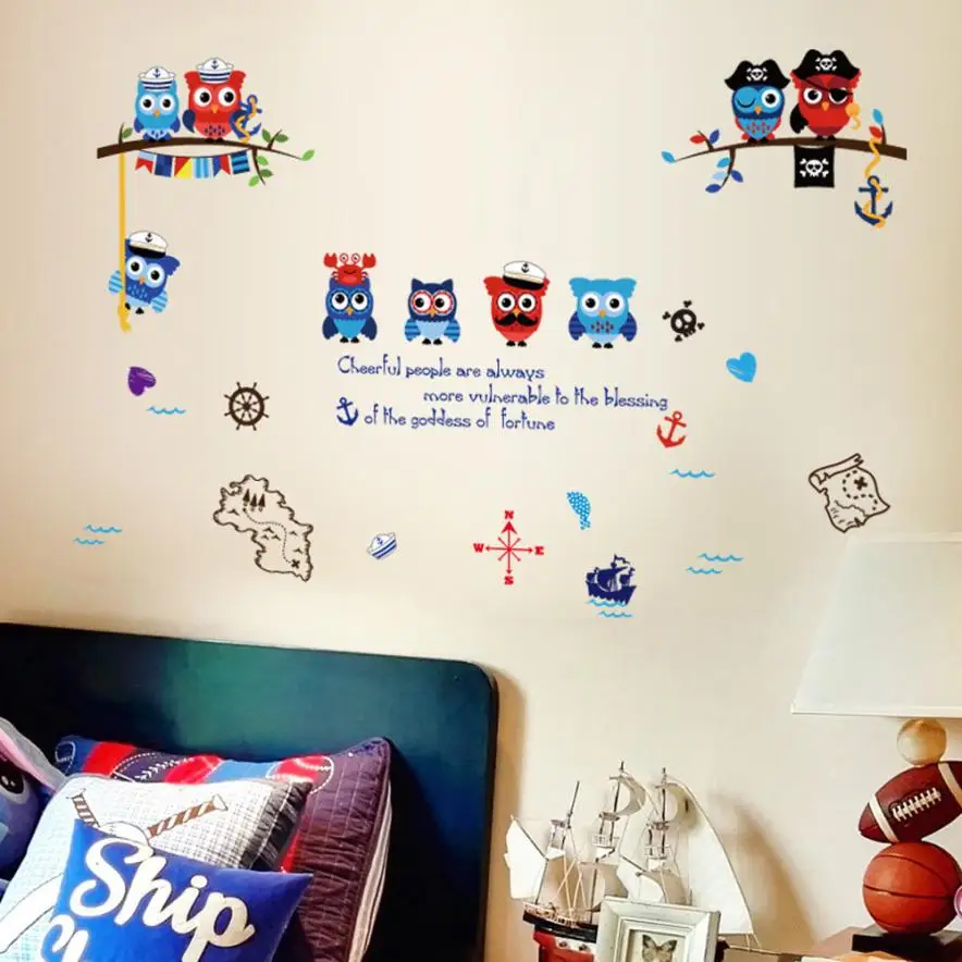 Home Decor Pirate Сова птицы филиал Съемный Дети росписи декора стены Стикеры s пропуск стены Стикеры дома Deco mirror AU8