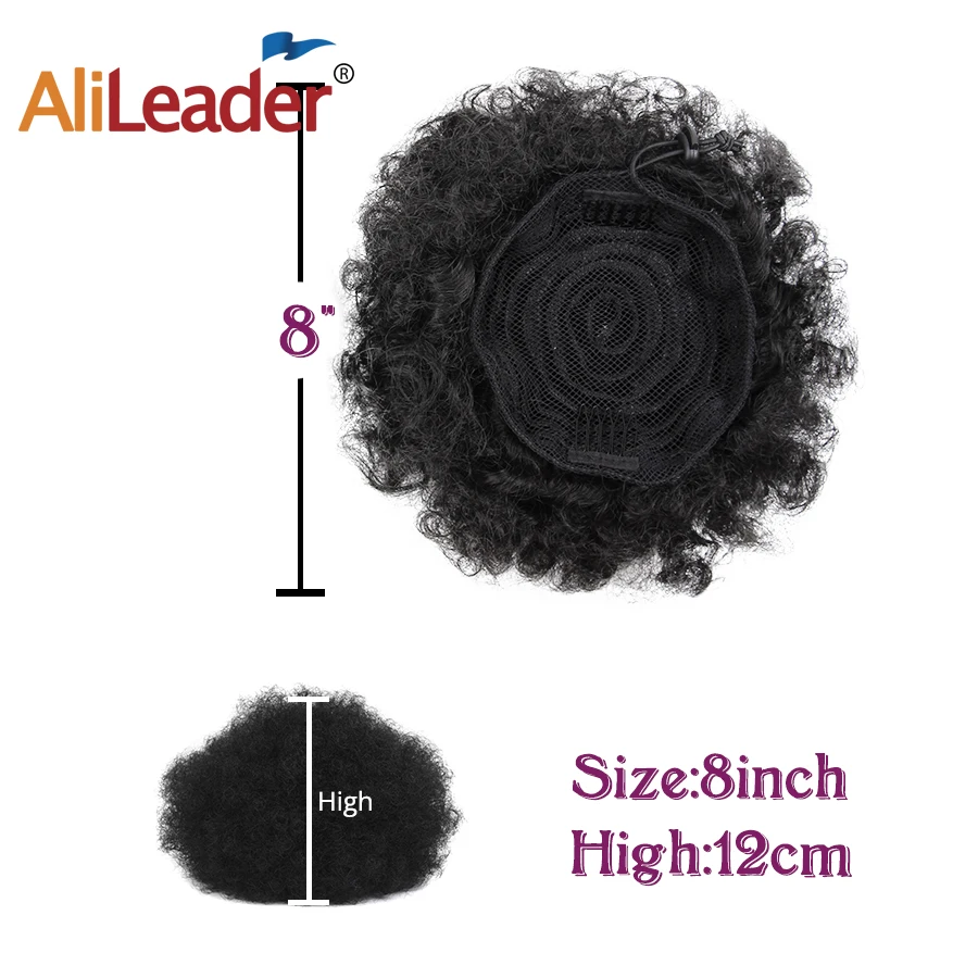 AliLeader Perfect Afro Messy Bun Drawstring Ponytail Extensions Wrap on Bun Hair Piece Natural Puff Short Afro Curly Chignon