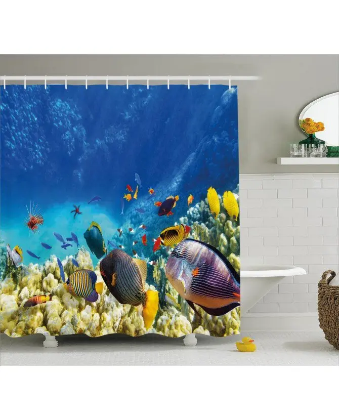Underwater Fish Shower Curtain Ocean Animals Print For BathroomFabric