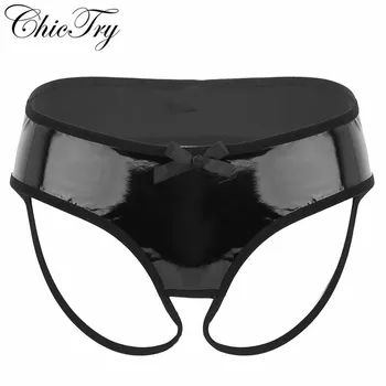 

New Arrival Sexy Women Lingerie Faux Leather Crotchless and Open Back Jockstrap Low Rise Bikini Brief G-string Underwear Panties