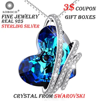 

AOBOCO Brand Three Ribbon Big Blue Heart Pendant Necklaces Crystal From Swarovski Fine Jewelry For Women Girl With Gift Boxes
