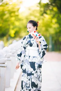 

Cute Cat Black and White Japanese Kimono Dress, Summer Festival Traditional Kimono Bathrobe Suit
