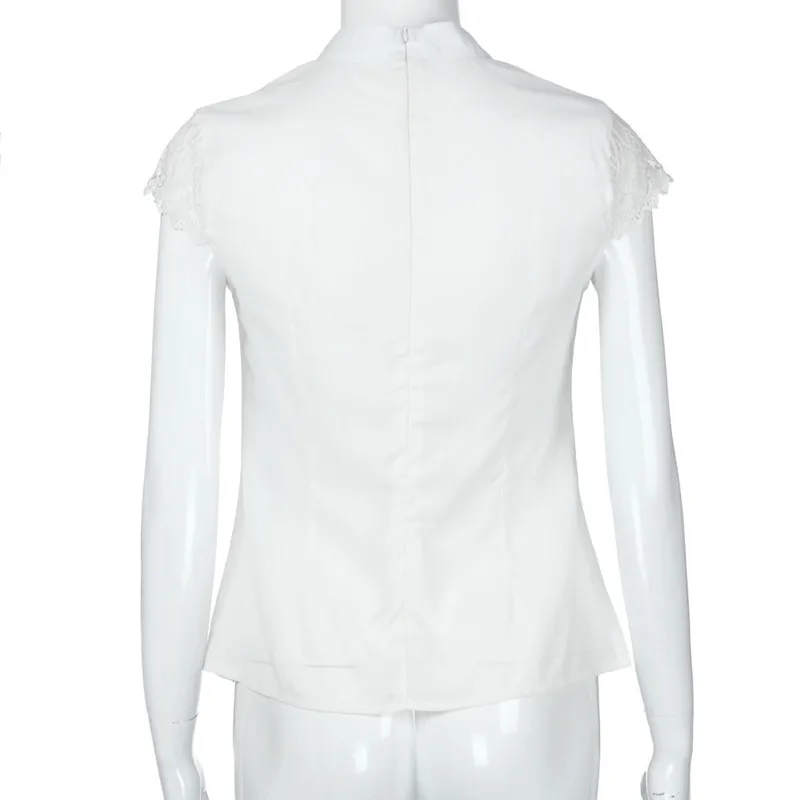 hanyiren Women Casual Chiffon Short Sleeve Splice Lace Crop 2018 Spring Lady New Sexy Lace Patchwork Chiffon Solid Stand Blouse Blouses