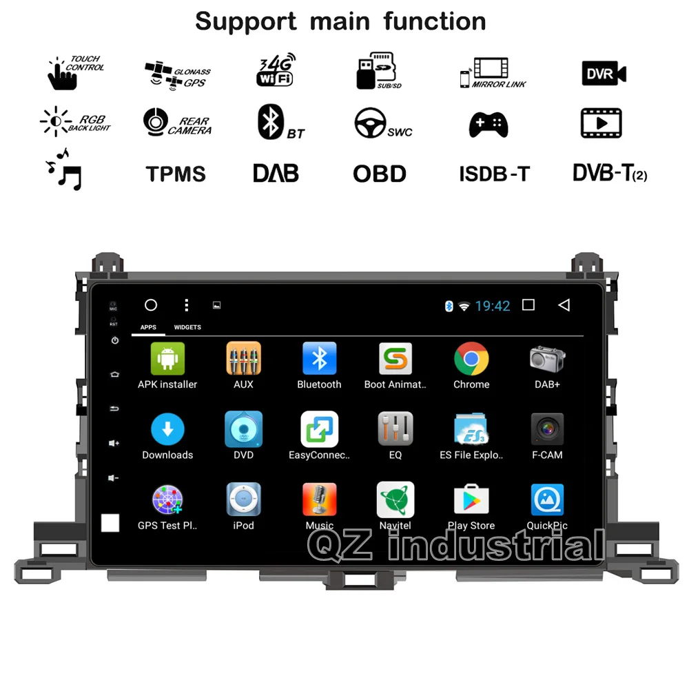 Top QZ industrial HD 10.1inch Android 8.1 T3 car dvd player for Toyota highlander 2015 with Canbus Radio GPS BT 3G 4G WIFI RDS Map 1