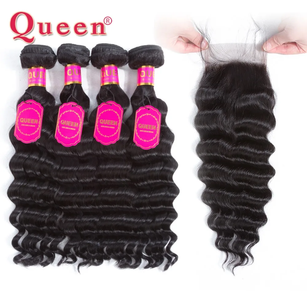 Queen hair товары Связки с закрытием перуанский свободные глубокая волна 3/4 пучки волос с закрытием Remy волнистые человеческие волосы расширения