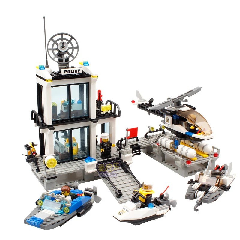 

KAZI Police Station Building Blocks Helicopter Boat Model Bricks Educational Toys For Children Compatible With Legoings
