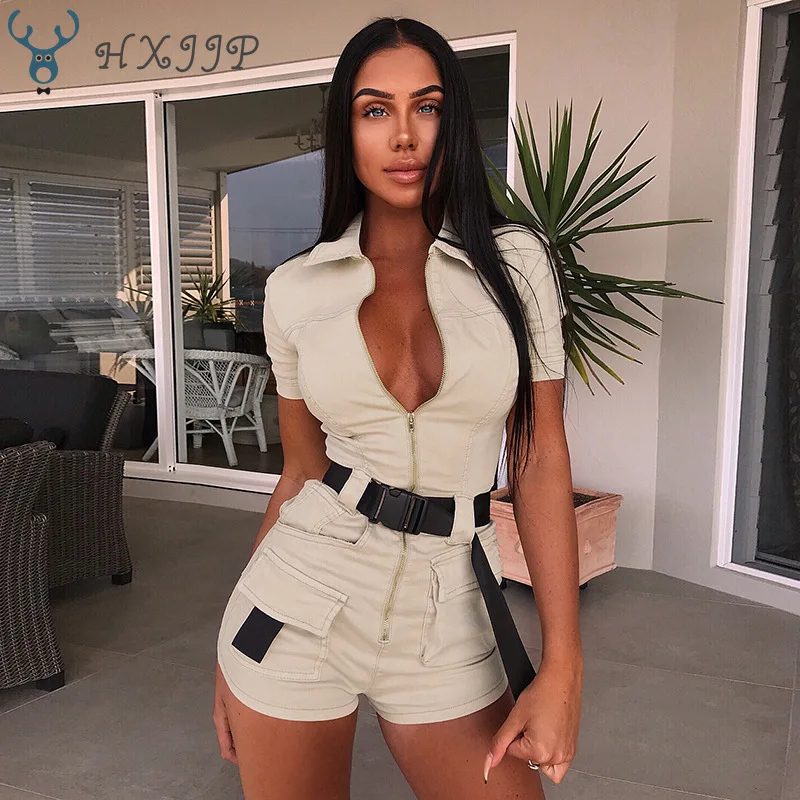 

2019 Summer Women Overalls Casual Romper Jumpsuit Front Zipper Shorts Summer Cargo Pants Shirt Jumpsuit Female Khaki Playsuit