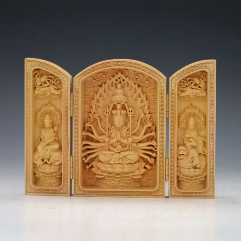 

DELICATE CHINESE BOXWOOD CARVED THOUSAND-HAND BODHISATTVA FOLDING .BOX