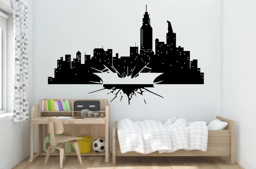 Бэтмен виниловая наклейка на стену Gotham Skyline стена плакат для детской украшение подарок Темный рыцарь Наклейка на стену виниловое искусство AZ218