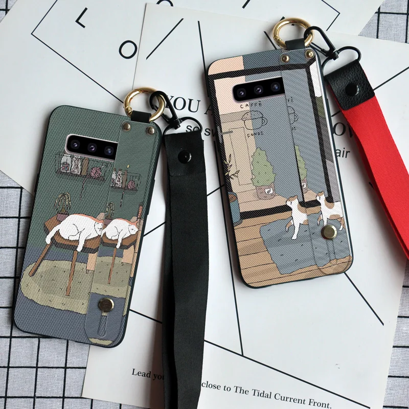 

Cute Cat Wristband Case For Samsung Galaxy S6 S7 Edge S8 S9 S10 Plus Neck Strap Slicone Back Cover For Samsung S10 Lite S10E