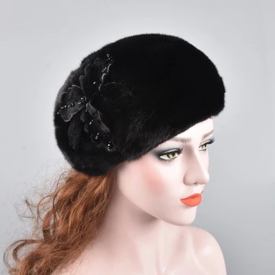 Зимние женские меховые шапки из настоящей норки, меховая шапка с новой модной норковой Меховой берет, русская элегантная шапка хорошего качества - Цвет: Черный