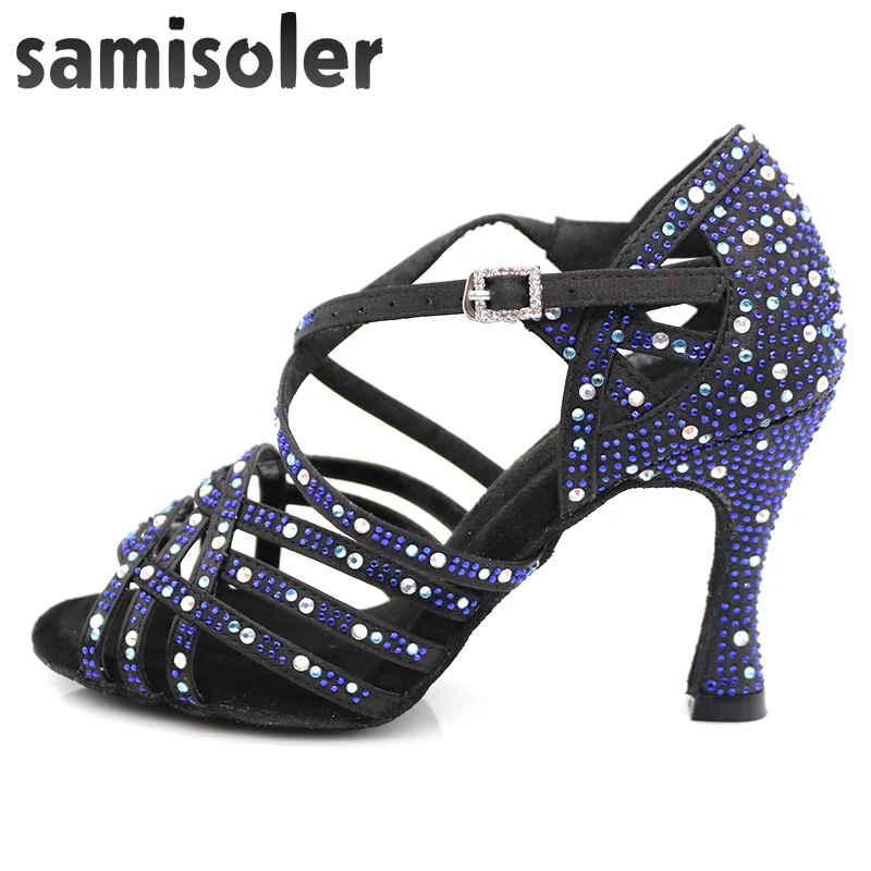 Samisoler/модельные туфли; женская обувь; zapatos de baile; обувь для латины; mujer; черный атлас; Темно-Синие стразы; женские туфли для сальсы; вечерние туфли для бальных танцев